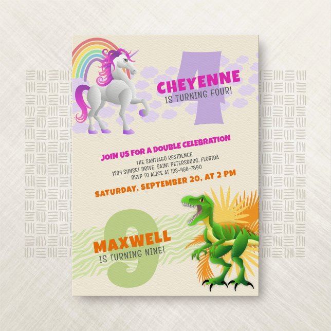 Unicorn Dinosaur Joint Double Birthday Invitation (Creator Uploaded)