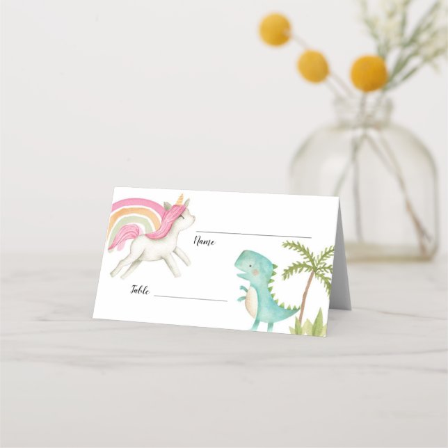 Unicorn Dinosaur Party Table Name Card (Front)