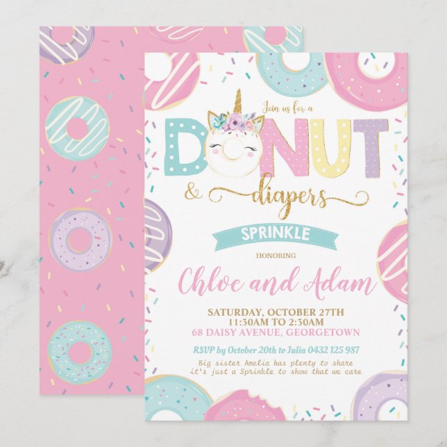 Unicorn Donut and Diapers Baby Sprinkle Shower Invitation (Front/Back)