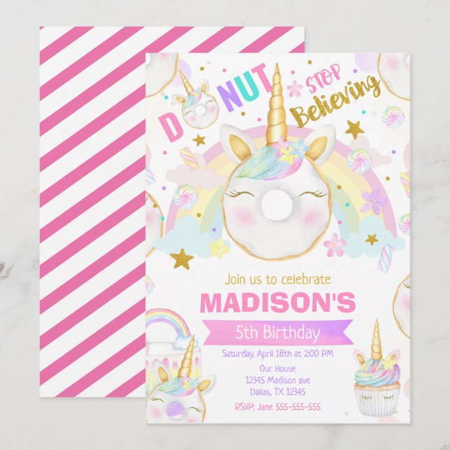 Unicorn Donut Girl Magical Sweet Birthday Party Invitation (Front/Back)