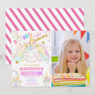 Unicorn Donut Girl Magical Sweet Birthday Photo Invitation