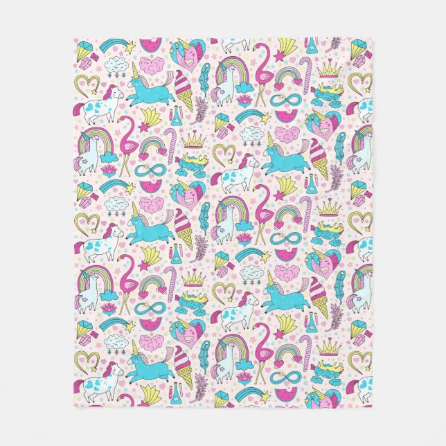 Unicorn Doodle Pattern Fleece Blanket (Front)