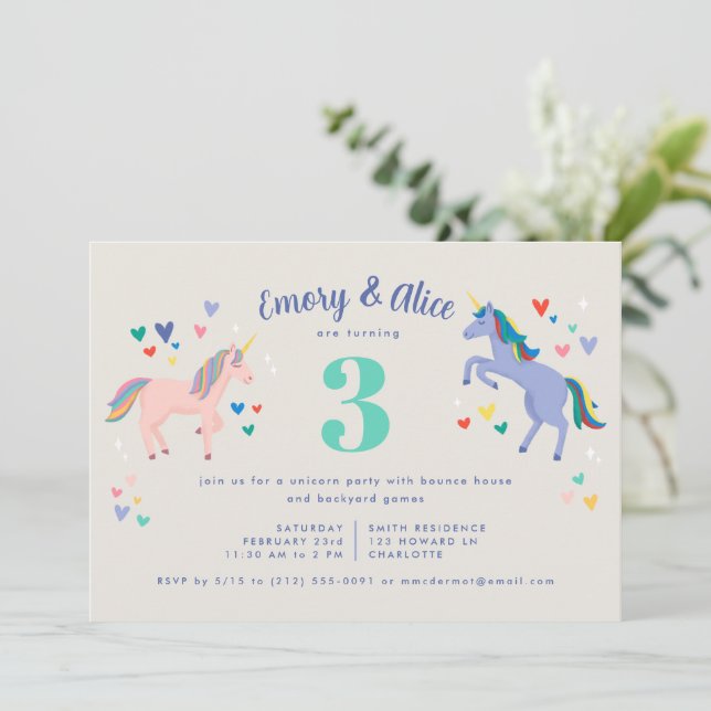 Unicorn Double Birthday Party Invitation (Standing Front)