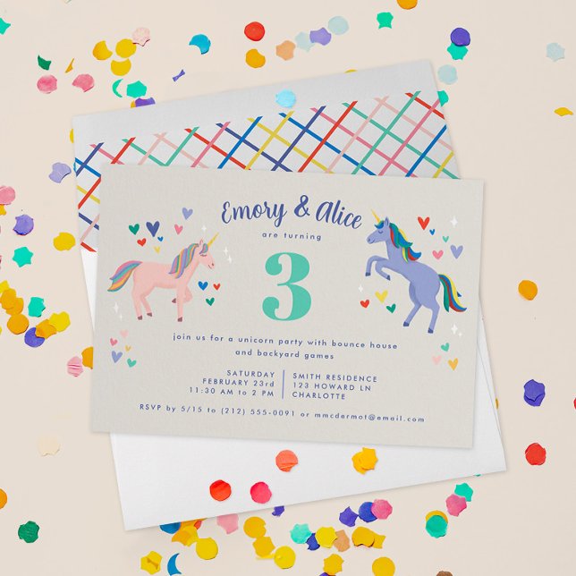 Unicorn Double Birthday Party Invitation (double the magic with a unicorn theme birthday party celebrating two special girls)