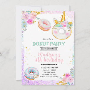 Unicorn doughnut birthday Party Invitation