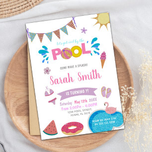 Unicorn Doughnut Pink Pool Birthday Invitations
