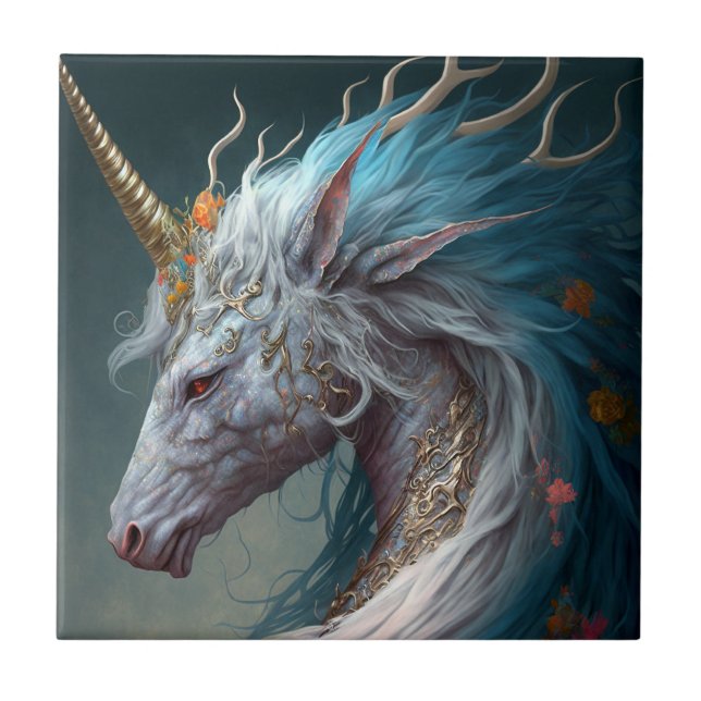 Unicorn Dragon Fantasy Art Ceramic Tile (Front)