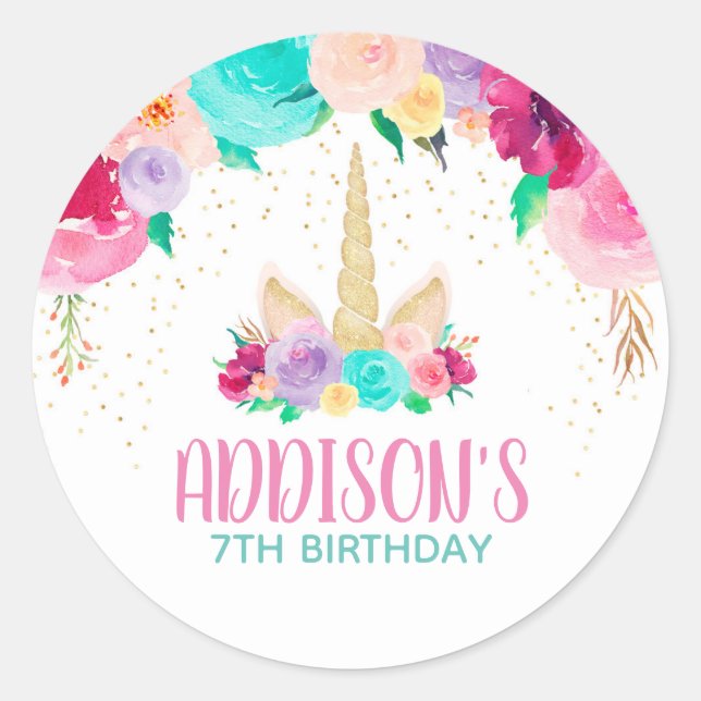 Unicorn Dreams Birthday Party Favour Round Sticker (Front)