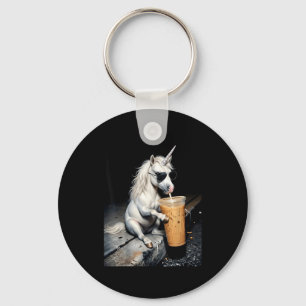 Unicorn drinking iced coffee funny animal meme men key ring