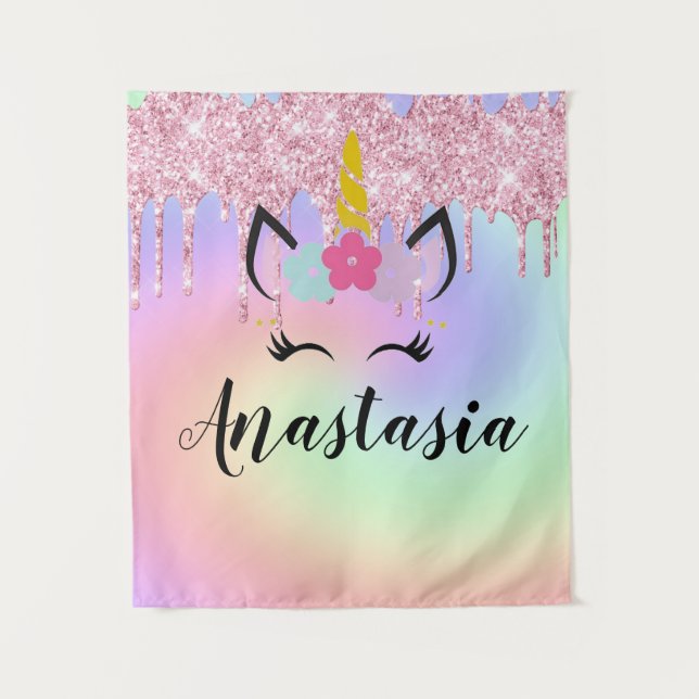Unicorn Drip Glitter Personalised Ombre Tapestry (Front)