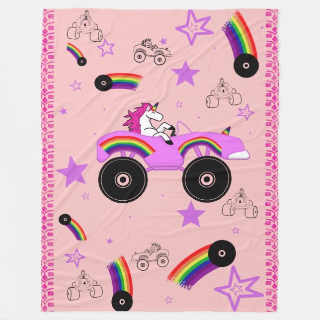 Unicorn Driving Monster Truck Large Fleece Blanket (Front)