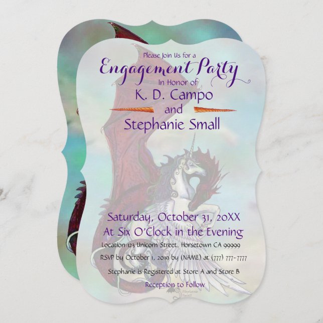 Unicorn Engagement Party Invitation Dragon Red (Front/Back)