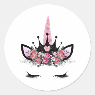 Unicorn eyelashes, Watercolor flower, Glitter horn Classic Round Sticker