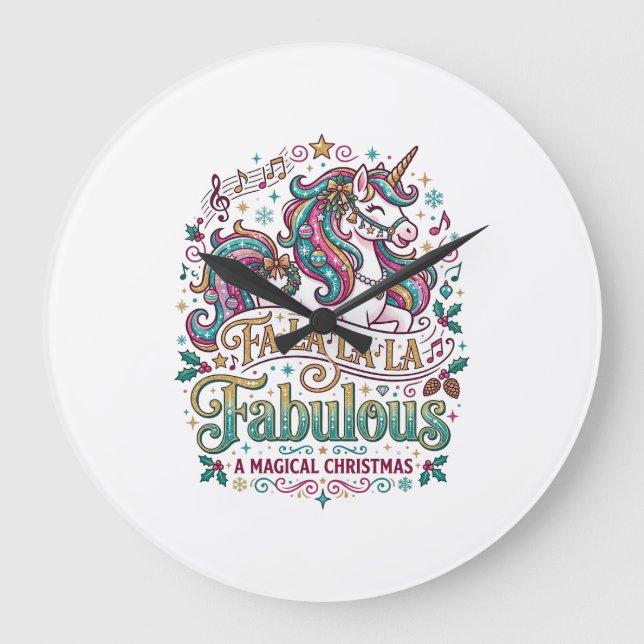 Unicorn Fa La La La Fabulous White Background Cute Large Clock (Front)
