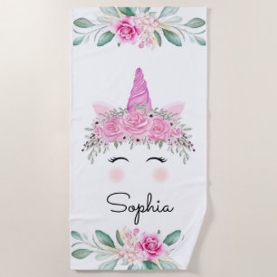Unicorn Face and Flowers Beach Towel