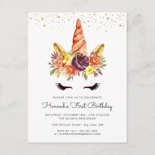 Unicorn Face Autumn Floral Birthday Invitation
