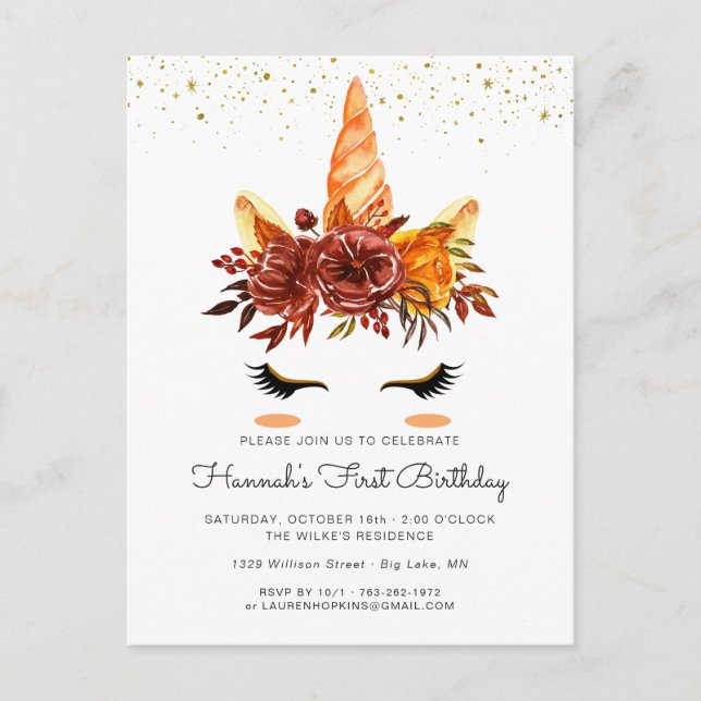 Unicorn Face Autumn Floral Birthday Invitation (Front)