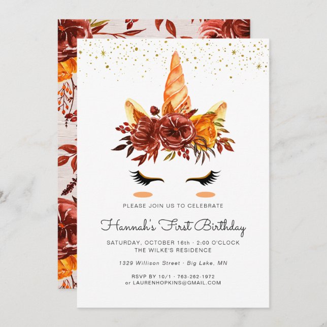 Unicorn Face Autumn Floral Birthday Invitation (Front/Back)