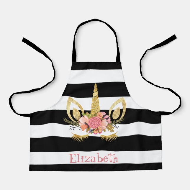 Unicorn Face , Black, White Stripes Personalised Apron (Front)