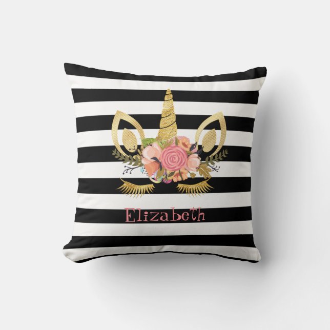 unicorn Face , Black, White Stripes Personalised Cushion (Front)