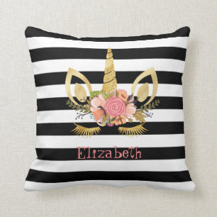 unicorn Face , Black, White Stripes Personalised Cushion