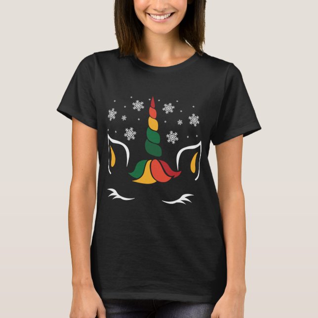 Unicorn Face Christmas Cute Snow-flake Magical X-M T-Shirt (Front)