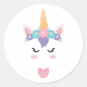 Unicorn Face Eyelashes Cute Flowers Wreath Funny  Classic Round Sticker