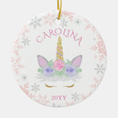 Unicorn Face Eyelashes Floral Glitter Custom Name Ceramic Ornament (Front)