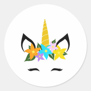 Unicorn Face Eyelashes Smile Cute Flower Wreath Ha Classic Round Sticker