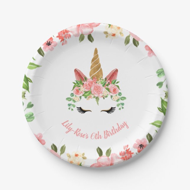 Unicorn Face Floral Birthday Paper Plate (Front)