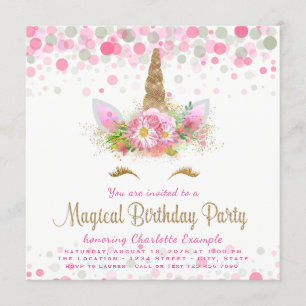 Unicorn Face Girls Birthday Party Invitations