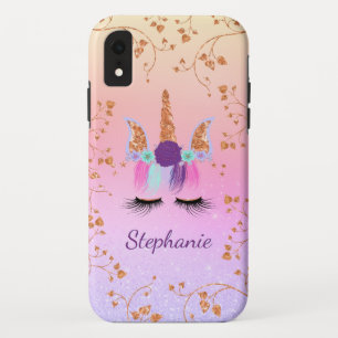 Unicorn Face Girly Rose Gold Rainbow Sparkle iPhone XR Case