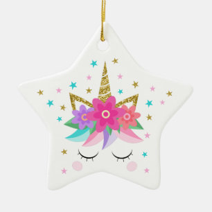 Unicorn Face Merry Christmas Glitter Ceramic Ornament