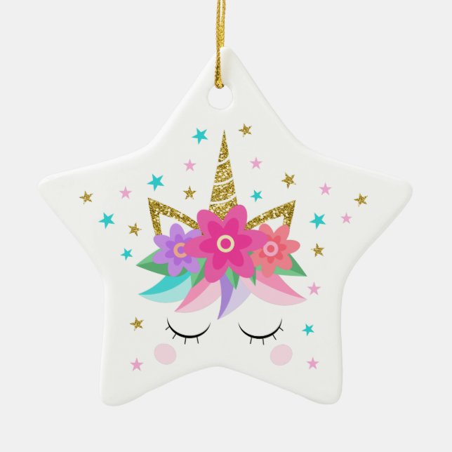 Unicorn Face Merry Christmas Glitter Ceramic Ornament (Front)