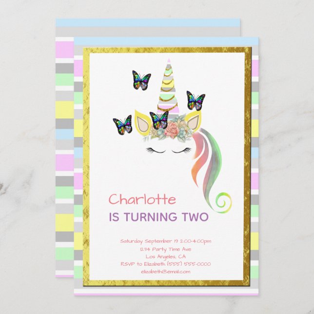 Unicorn Face Pastel Stripes Second birthday Invitation (Front/Back)