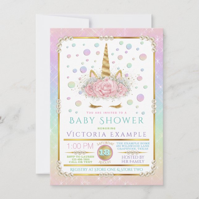 Unicorn Face Pearl Unicorn Baby Shower Invitations (Front)