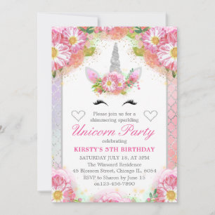 Unicorn Face & Pink Flowers Kids Birthday Party Invitation