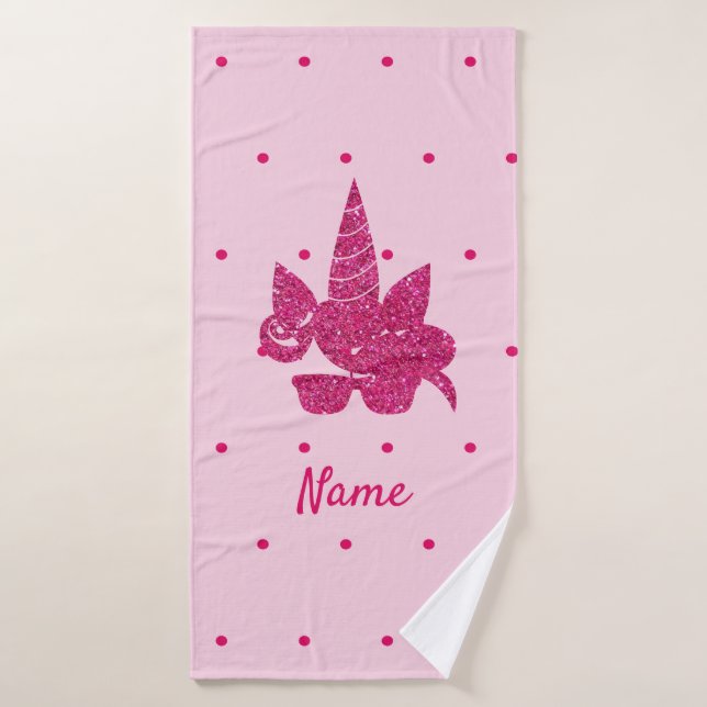 Unicorn Face Pink Glitter Girly Kids Bath Towel Set (Bath Towel)