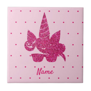 Unicorn Face Pink Glitter Girly Kids Ceramic Tile