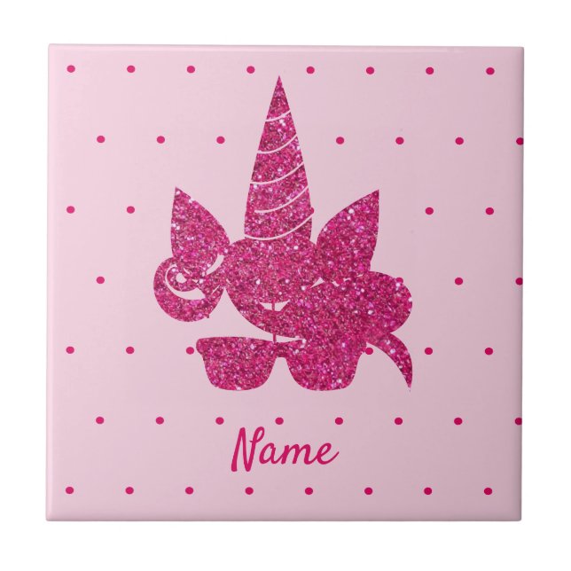 Unicorn Face Pink Glitter Girly Kids Ceramic Tile (Front)