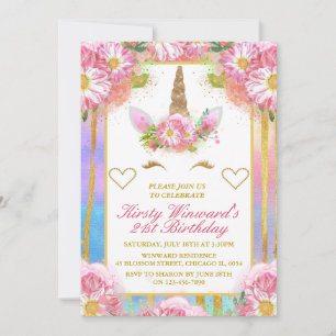Unicorn Face Pink Gold Birthday Party Invitation