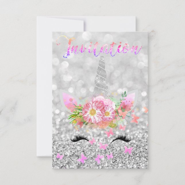 Unicorn Face Pink Gold Silver Grey Glitter Lashes Invitation (Front)