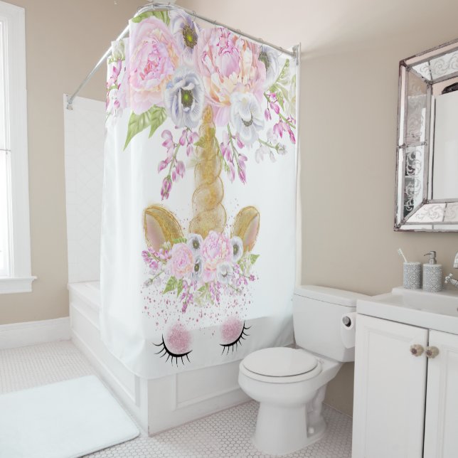 Unicorn Face Pink Peony Floral WhimsicalArtwork™ Shower Curtain (In Situ)