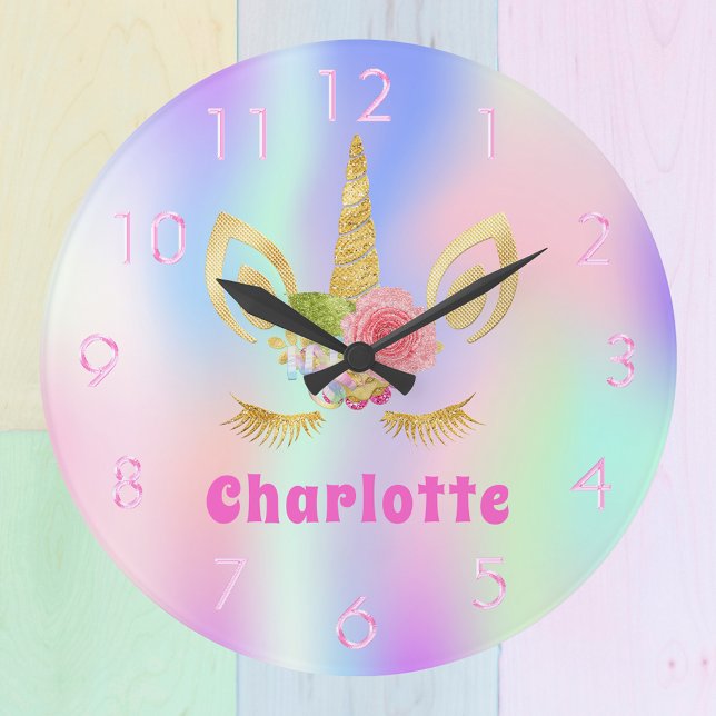 Unicorn face pink purple holographic name girl large clock (Creator Uploaded)
