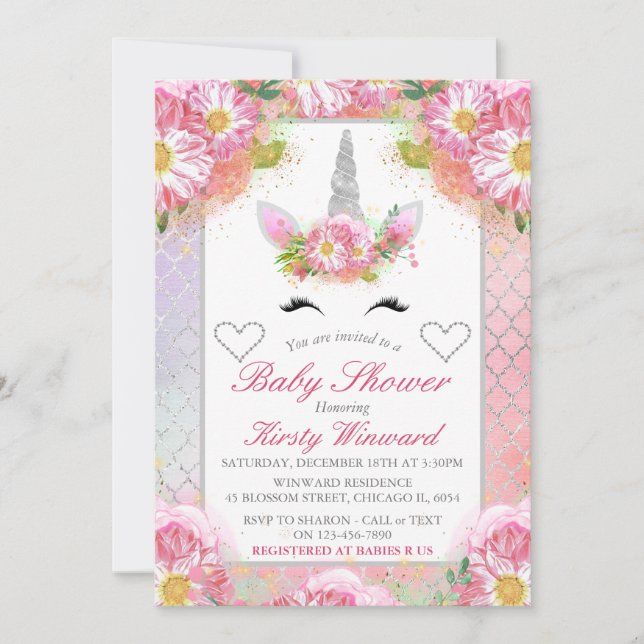 Unicorn Face Pink Silver Baby Shower Invitation (Front)