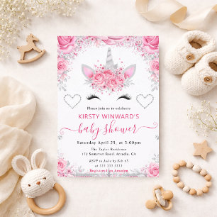 Unicorn Face Pink Silver Baby Shower Square Invitation