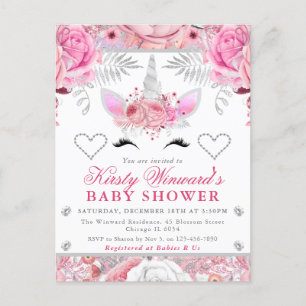Unicorn Face Pink Silver Baby Shower Square Postcard