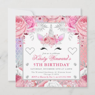 Unicorn Face Pink Silver Girl Kids  Birthday Invitation