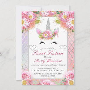 Unicorn Face Pink Silver Sweet 16 Invitation