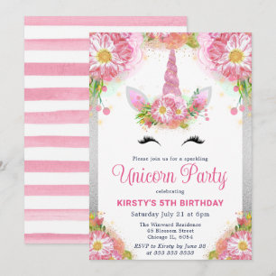Unicorn Face & Watercolor Pink Flowers Birthday Invitation